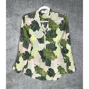 Homebody Sheer Top Womens Size M Green Pink Floral 1/4 Button Long Sleeve Blouse